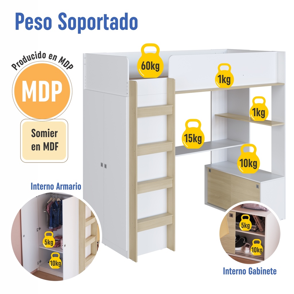 Cama Elevada Multifuncional 1 plaza 190x90cm